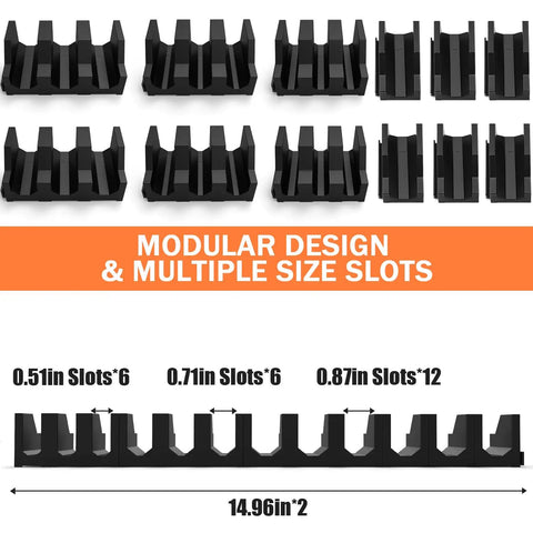Expandable Magnetic Plier Organizer With 0.51 0.71 And 0.87 Inch Slots, Modular Tool Box And Drawer Organizer for Tools shown with multiple slots and dimensions.