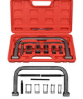 Valve Spring Compressor C Clamp Tool Set For Auto Service And Small Engine Maintenance in red case, 10 piece with 5 adapters visible.