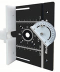 Kick Up Your Workshop Routine With This Slick Router Table Lift Built From Rugged Aluminum Alloy showing the black router lift plate with angle measurement.