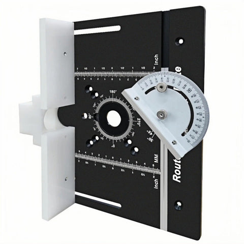 Kick Up Your Workshop Routine With This Slick Router Table Lift Built From Rugged Aluminum Alloy showing the black router lift plate with angle measurement.