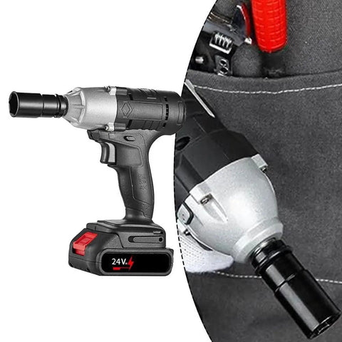 Top Rated 320Nm Cordless Wrench Kit With Brushless Motor, 24V impact driver with black housing for auto repair and DIY projects.