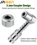 Side view of SURIEEN 90-degree grease gun coupler adapter with sleeves; carbon steel, galvanized surface