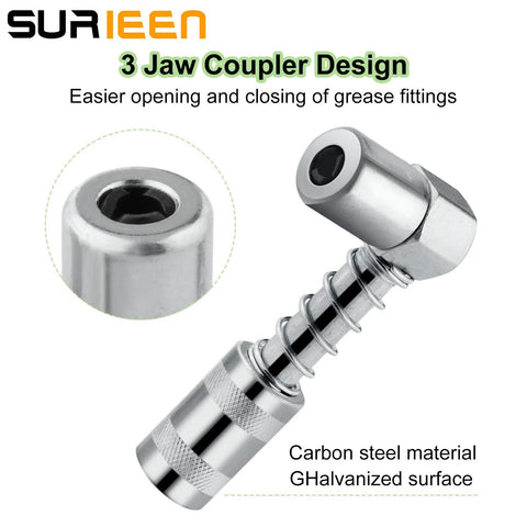 Side view of SURIEEN 90-degree grease gun coupler adapter with sleeves; carbon steel, galvanized surface