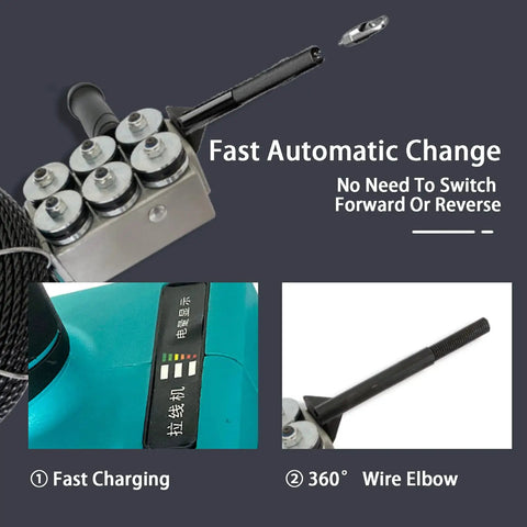 Close-up of Heavy Duty Brushless Motor Electrical Wire Puller With Lithium Battery showing fast automatic change feature and 360° wire elbow.