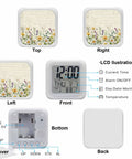 Dead Quiet Daisy Digital Alarm Clock For Bedroom, showing all angles and LCD display with ambient lighting features.