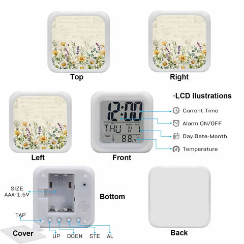 Dead Quiet Daisy Digital Alarm Clock For Bedroom, showing all angles and LCD display with ambient lighting features.