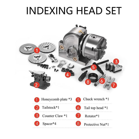 Rock Solid Heavy Duty Dividing Head With Three Jaw Chuck, Ultra Precise 1:40 Indexing Ratio For Rotary Tables And Cnc Mills, Killer Shop Beast Attachment components including tailstock and honeycomb plates.