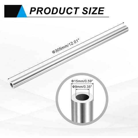 uxcell stainless steel seamless tube, 9mm ID x 15mm OD, 305mm long, round metal capillary pipe