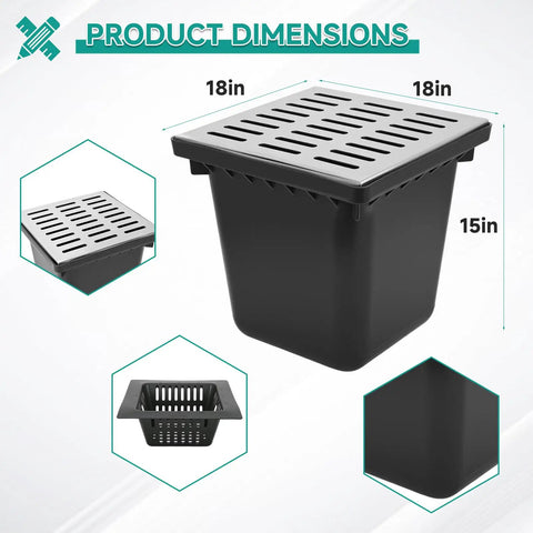 Catch Basin With Stainless Steel Grate And Debris Basket Large 18x18x15 Inch Drainage Basin For Yard Downspout Lawn And French Drain No Reserved Hole Required, black with dimensions shown.