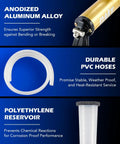 DIY Brake Bleeder Kit With Hand Vacuum Pump And Adapters showing anodized aluminum alloy, PVC hoses, polyethylene reservoir.