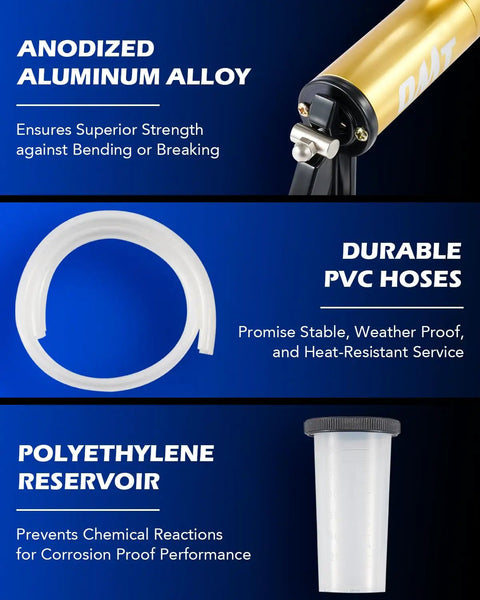 DIY Brake Bleeder Kit With Hand Vacuum Pump And Adapters showing anodized aluminum alloy, PVC hoses, polyethylene reservoir.