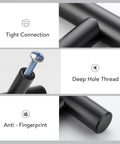 Close-up of 10 Pack Matte Black Cabinet Handles 4 Inch Center To Center, 6-3/8 Inch Overall Length, focusing on tight connection, deep hole thread, and anti-fingerprint features.