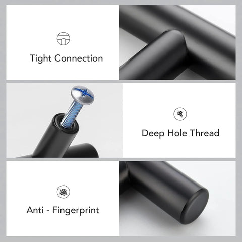 Close-up of 10 Pack Matte Black Cabinet Handles 4 Inch Center To Center, 6-3/8 Inch Overall Length, focusing on tight connection, deep hole thread, and anti-fingerprint features.