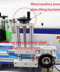 No-Nonsense Fully Automatic Round Bottle Labeling Machine Featuring Intuitive Touch Screen Controls And Smart Photoelectric Sensors For Smooth Industrial Packaging Workflows Up To 200 Units Per Minute showing wheel pressure plate handwheels.