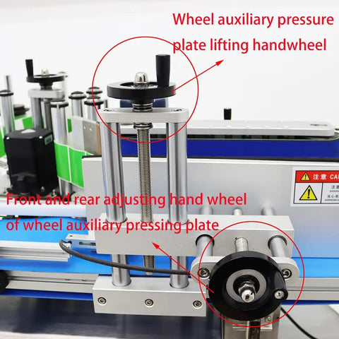 No-Nonsense Fully Automatic Round Bottle Labeling Machine Featuring Intuitive Touch Screen Controls And Smart Photoelectric Sensors For Smooth Industrial Packaging Workflows Up To 200 Units Per Minute showing wheel pressure plate handwheels.