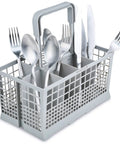 Universal Dishwasher Silverware Basket With Seven Compartments And Handle For Easy Cutlery Organization, filled with cutlery