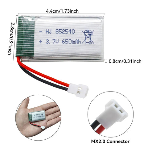 3.7V Drone Lipo Battery Pack 650mAh Rechargeable Two Pack For SYMA X5 Series Drones And WLtoys V252 With MX2.0 Connector