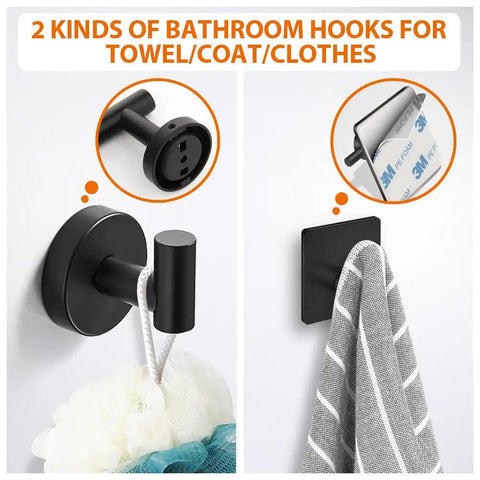 Matte Black Stainless Steel Bathroom Hardware Set With 24 Inch Hand Towel Bar Toilet Paper Holder Three Robe Towel Hooks Wall Mounted