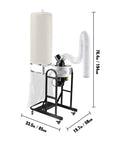 Heavy Duty Mobile Cyclone Dust Collector Made For Industrial Shop Floors Features Portable Base 13 Gallon Collection Tank and Badass High Velocity Airflow System side view with hose and measurements.