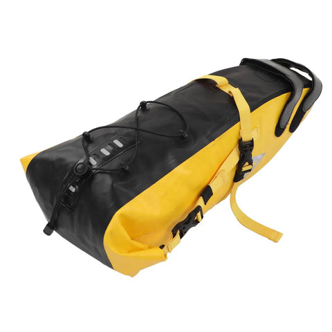 Yellow and black Bikepacking Saddle Bag 13L Waterproof 500D PVC Cargo Pack with secure buckle and rope attachment for long rides