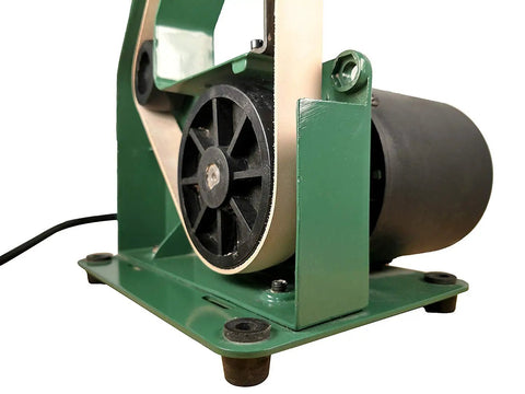 Close-up of Pro Grade 1X30 Sanding and Sharpening Belt Kit with machine base and wheel for sharpening knives and tools