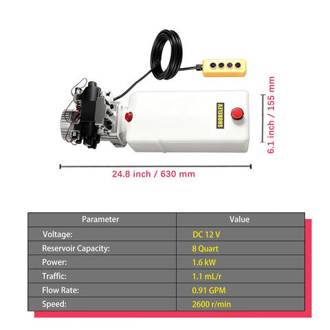 Top view of 12V DC Double Solenoid Hydraulic Power Unit For Dump Trailers And Trucks with 8L plastic reservoir.