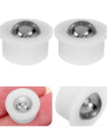 Close-up view of two 12pcs Steel Ball Transfer Casters with Nylon Housing, 0.7x0.5in, showcasing their shiny steel ball and nylon base.