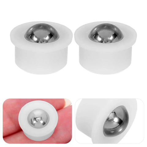 Close-up view of two 12pcs Steel Ball Transfer Casters with Nylon Housing, 0.7x0.5in, showcasing their shiny steel ball and nylon base.