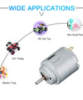 Two Pack Micro DC Motors 1.5 To 6 Volt High Speed 5000 To 20000 RPM Electric Motors With 2 mm Round Shafts shown with applications for toys