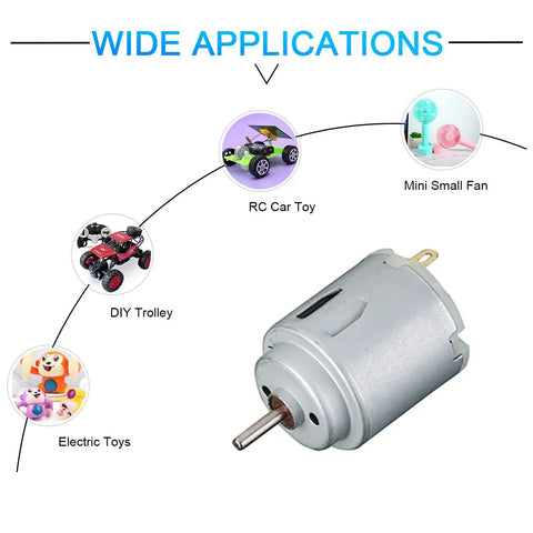Two Pack Micro DC Motors 1.5 To 6 Volt High Speed 5000 To 20000 RPM Electric Motors With 2 mm Round Shafts shown with applications for toys