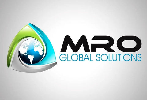 MRO Global Solutions logo featuring a globe symbol, blue and green color scheme on a light gray background.