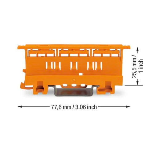 221-500 Mounting Carrier For 221 Series Splice Connectors To Terminal Block Conversion, 24-12 AWG, DIN-35 Rail Or Panel Mount, Orange, Box Of 10 Pieces, orange plastic carrier, 77.6 mm