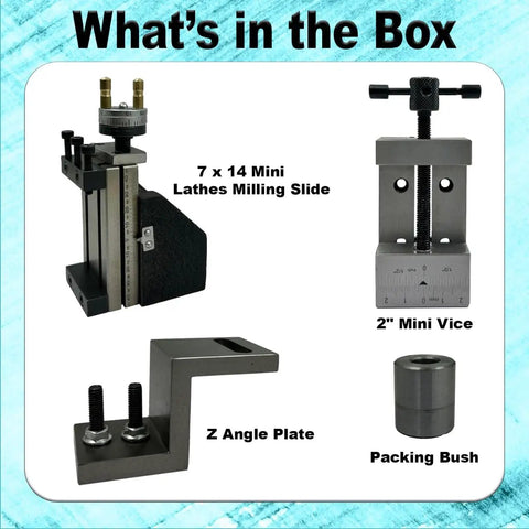 Heavy Duty Mini Lathe Milling Slide Combo Kit With Precision Ground Z Angle Plate And Top Shelf Two Inch Steel Vise Rock Solid Shop Ready Upgrade Build For Seven X Fourteen Bench Lathes components.