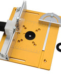 Rock Solid Aluminum Router Table Kit With Dead Nuts Precision Miter Gauge And Dual Scale Insert Plate for Bullseye woodworking cuts, detailed view of yellow insert plate.