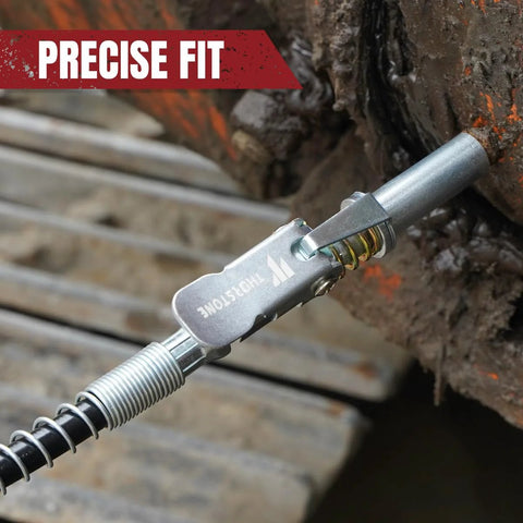 Thorstone grease gun, pistol-grip head with spring-loaded coupler and 18-inch hose (close-up)