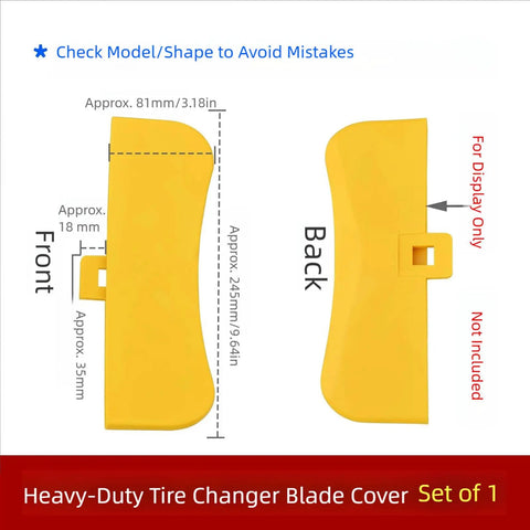 Front and back view of yellow Tire Changer Protective Cover And Guard For Auto Shop Pros, showing dimensions.