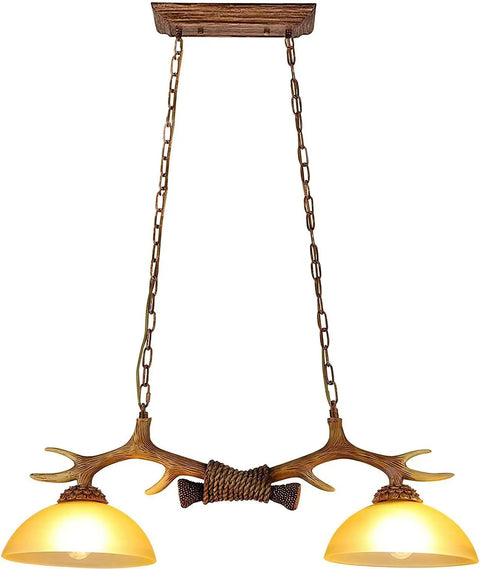 Rustic Retro Two Light Chandelier With Hand Dyed Resin Antlers On Frosted Glass Bowl For Kitchen Dining Room Farmhouse Restaurant Island And Loft Lighting With About Thirty Three Inch Length And Forty Five Inch Height For A Warm Rustic Vibe