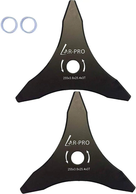Two Pack 10 Inch 3 Tooth Carbon Steel Brush Cutter Blades with Washers, Compatible with 20mm or 25.4mm Arbor, shown on white background