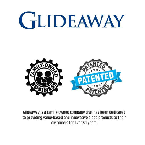 Glideaway logo with family-owned and patented business icons, showcasing dedication to innovative sleep products.