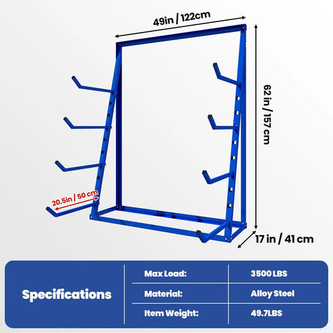 Built Like A Tank Four Tier Cantilever Lumber Storage Rack With Legit Heavy Duty Horizontal Arms And 3500 Pound Capacity, blue steel design, dimensions 49in x 62in.