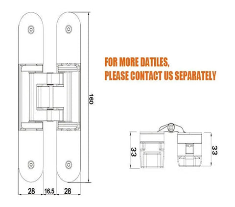 Technical drawing of Concealed Secret Door Hinge For Thick Doors Stealthy Hidden Pivot Hardware With One Color Finish 160mm length