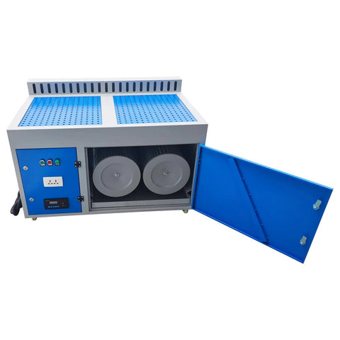Heavy Duty Metal Working Downdraft Table With Side Suction Plate And Dust Collection Drum For Welding Grind Stations 2.2KW 220V showing perforated top and open drum access.