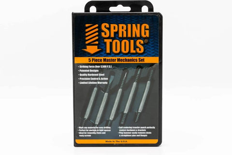Packaging of Pro Grade 5-Piece Auto Body Metal Working Tool Set With Ping Hammer, HSS Punch, Center Punch, Self-Centering Punch, And Cold Chisel