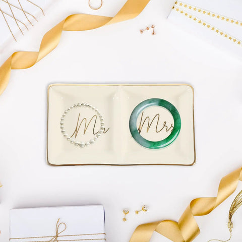 Premium Ceramic Jewelry Dish With Shimmering Gold Trim Dual Grid Holder For Ring And Bling Stash displaying rings and earrings.