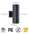 Outdoor Porch Light 2 Pack With Aluminum Cylinder And Tempered Glass Cover Waterproof Wall Sconces, Rust Resistant IP65 ETL Listed, dimensions shown.
