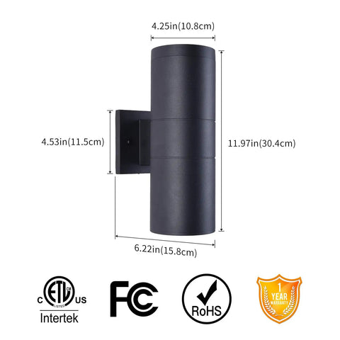 Outdoor Porch Light 2 Pack With Aluminum Cylinder And Tempered Glass Cover Waterproof Wall Sconces, Rust Resistant IP65 ETL Listed, dimensions shown.