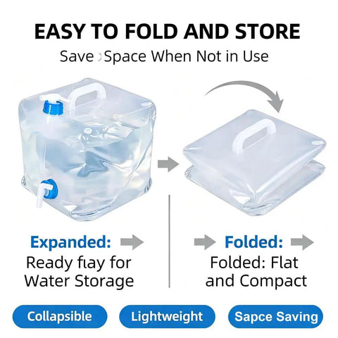 Expanded and folded view of Collapsible 1.3 Gallon Water Container Two Pack BPA Free Camping Water Jug For Outdoors Hiking Backpack Travel Ultra Portable Survival Canteen For On The Go Hydration And Emergency Prep.