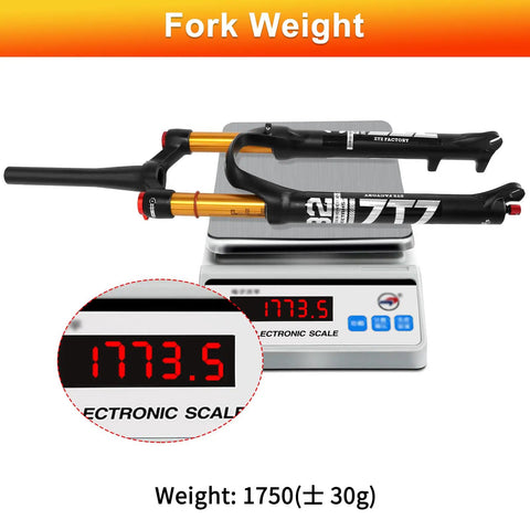 Ultralight Air Suspension Front Fork For MTB With 120mm Travel, 1 1/8 To 1.5 Inch Tapered Steerer on electronic scale displaying 1773.5g