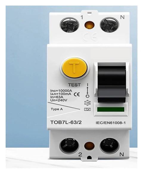 Smooth Operator 2P 4P Residual Current Circuit Breaker 40A 63A Heavy Hitter With 30mA 100mA Leakage Detection Type A AC B F Electric Safety Switch front view with specifications.