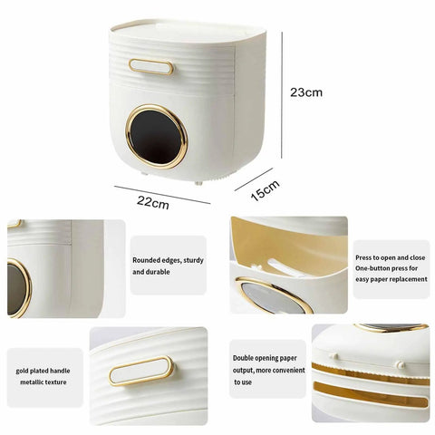 Durable Waterproof Wall Mounted Tissue Box Holder Napkin Dispenser And Paper Roll Box Cover with dimensions and features shown